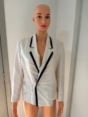 Vintage White Blazer with Black Trim Minimalist Chic Linen Look Jacket